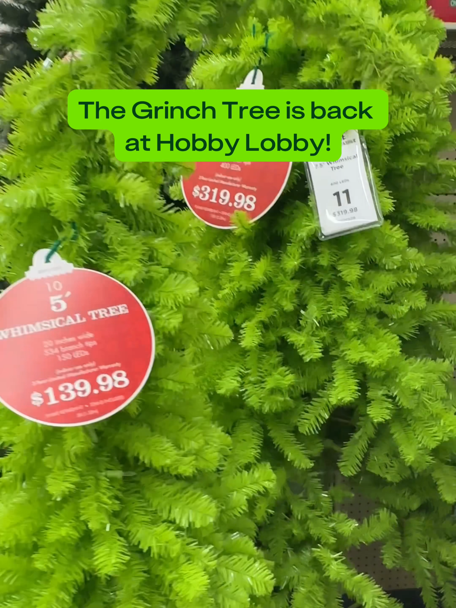 We finally found it 📷  The Grinch Tree is back at Hobby Lobby — and we’re seeing it way earlier than last year. The 5-ft version is $83.99 (40% off) right now, which is cheaper than Lowe’s 4.75-ft LED Grinch Tree at $99.98. You can grab it now during the 40% off sale or wait until October when Christmas goes 50% off — but you might risk it selling out. #hobbylobbyfinds #grinchmas #christmasdecor #thegrinch #hobbylobby #couponing #krazycouponlady