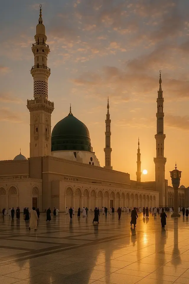madinah munawra Madinah, the City of the Prophet, shines bright A beacon of faith, where Islam's history takes flight The Masjid an-Nabawi, a mosque of grandeur and might Where the Prophet Muhammad's tomb is a sacred sight The city's streets are lined with date palms, green and tall A tranquil oasis, where faith and peace enthrall Madinah's rich history and heritage are palpable and realMadinah's rich history and heritage are palpable and real A place where Muslims from all over the world come to feel The city's warm hospitality and welcoming smile Make it a place of pilgrimage, worth traveling a long while#plztiktokteamdontunderviewmyvideo #foryoupage #fyp #foryou #viral 