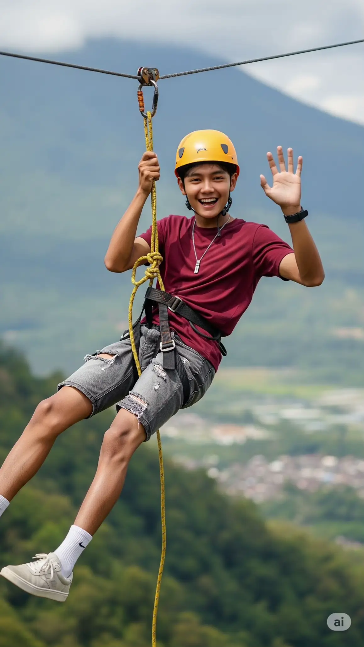 Prompt:  Seorang pemuda Asia yang ceria sedang melakukan zipline di alam terbuka. Ia mengenakan kaus merah, celana pendek denim abu-abu, dan helm kuning. Tangan kirinya memegang tali pengaman dan tangan kanannya membentuk tanda 'peace' atau 'V'. Wajahnya tersenyum lebar ke arah kamera. Di latar belakang terlihat pemandangan pegunungan yang hijau dengan beberapa bangunan di kaki bukit. #fyp #gemini #geminiai #prompt 