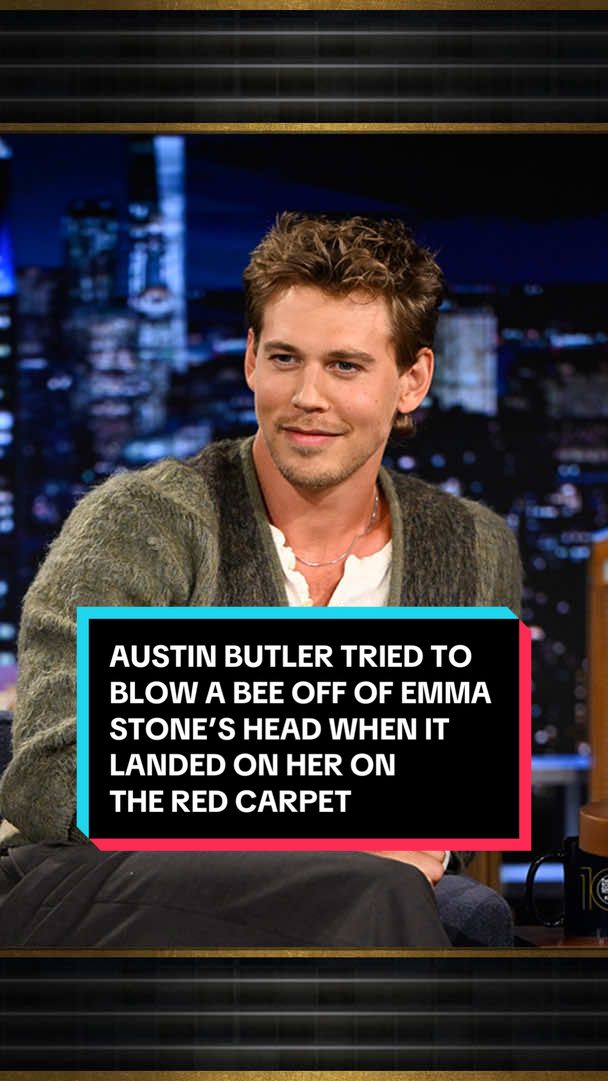 Austin Butler tried to blow a bee off of Emma Stone’s head when it landed on her on the red carpet 🤣 #FallonTonight #TonightShow #AustinButler #EmmaStone #PedroPascal 