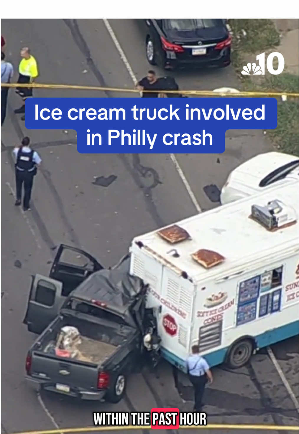 An ice cream truck and at least two other vehicles were involved in a crash in Philadelphia Wednesday afternoon. The crash occurred around 3 p.m. on the 4400 block of Whitaker Avenue. Footage from SkyForce10 showed an ice cream truck, a badly damaged black pickup truck and a white SUV at the scene of the crash. Officials have not yet revealed the cause of the crash or if anyone was seriously injured. #crash #philly #nbc10philly 