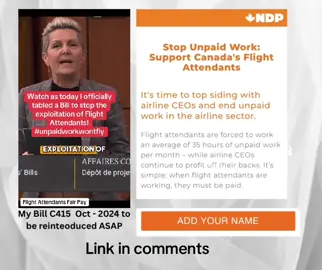Link to petition add your name  http://tiny.cc/0g5r001 Add your name - Stop Unpaid Work: Support Canada's Flight Attendants. It’s time for the liberal government to top siding with airline CEOs and end unpaid work in the airline sector. Flight attendants are forced to work an average of 35 hours of unpaid work per month – while airline CEOs continue to profit off their backs. It’s simple: when flight attendants are working, they must be paid. #flightattendant #fyp #foryoupage #fairpay #petition @Matthew Green  🙏🙏 for seconding in the last parliament - Soludarity! 