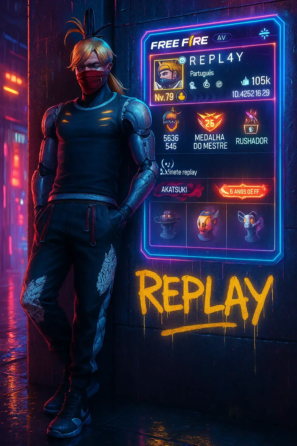 Crie uma imagem com estética cyberpunk: néon vibrante, texturas futuristas, detalhes brilhantes e iluminação de alto contraste.Crie um pôster de jogo cyberpunk vertical de alta resolução 9: 16. Use a imagem do personagem Free Fire MAX carregada exatamente como mostrado, mantendo o mesmo rosto, roupa, penteado, máscara, tatuagens, luvas, calças e sapatos. O personagem deve ficar elegantemente com as duas mãos nos bolsos, encostado casualmente em uma parede em uma rua chuvosa iluminada por neon. Remova todos os sinais em chinês ou estrangeiro do fundo. Além disso, incorpore sutilmente um pequeno texto de marca d 'água 