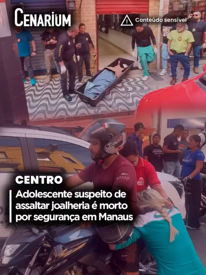 🚨 Um adolescente de 16 anos, identificado como Vinícius Pereira, conhecido como ‘Flamengo’, foi baleado na tarde desta quarta-feira, 13, dentro de uma joalheria localizada na Rua Barroso, no Centro de Manaus (AM). Ele foi atingido por disparos feitos por um segurança do estabelecimento comercial após uma tentativa de assalto. Outros três suspeitos fugiram do local. O delegado da Polícia Civil do Amazonas (PC-AM), Daniel Vezani, afirmou que o adolescente foi baleado na nuca. De acordo com a autoridade policial, os outros suspeitos estavam em duas motocicletas e fugiram após a ação com R$ 70 mil em joias, segundo os proprietários do estabelecimento. À imprensa, Vezani declarou que não havia arma de fogo em poder do suspeito morto. Abalados, familiares de Vinícius estiveram no local. Um homem, que não quis se identificar, disse à CENARIUM que essa foi a primeira vez que o adolescente participou de um assalto e que ele era jogador de futebol. “Más companhias. Não precisava disso, não. Ele nunca fez isso”, declarou. O corpo do adolescente foi removido pelo Instituto Médico Legal (IML). O caso seguirá sob investigação da Delegacia Especializada em Homicídios e Sequestros (DEHS). Legenda: Lucas Thiago | Edição de Texto: Jadson Lima | Design: Sâmila Magalhães | Social Media: Danilo dos Santos | Cinegrafista: Erik Oliveira/CENARIUM 🌎  CENARIUM | Jornalismo que forma e informa Siga a @cenariumam no Instagram e entre no canal do WhatsApp. #RevistaCenarium #Notícias #Amazonas #Manaus #Polícia #Assalto #Joalheria #Centro