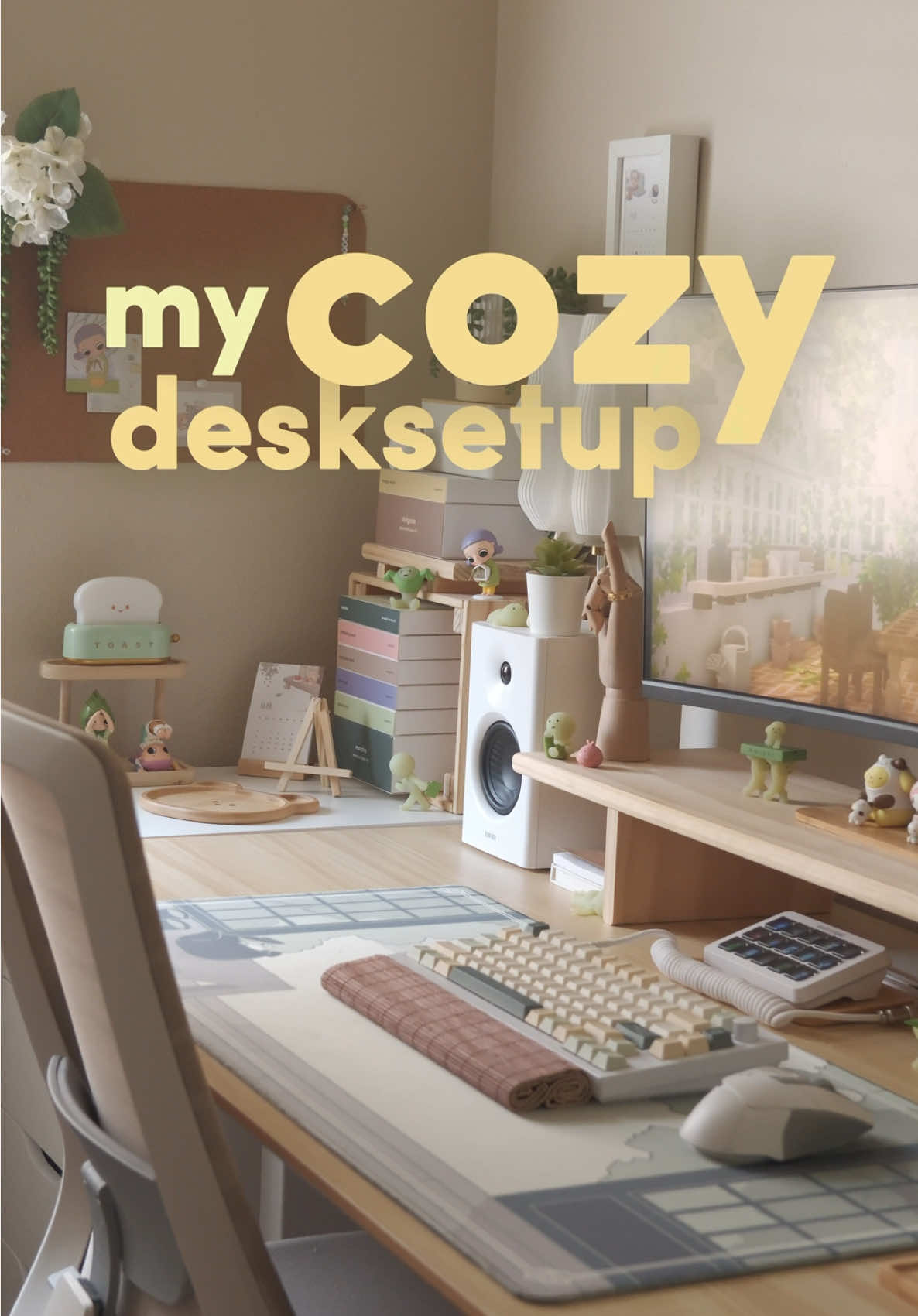 cozy desk tour 🙂‍↔️ i already have my pc specs pinned on my page  items mentioned:  ° @Branch — standing desk ° Branch — ergonomic chair ° @IKEA — alex drawers ° @aceramerica  — 34” xz342cu ° @Keychron — q1 qmk ° @osume —  matcha keycaps ° @Logitech G — g502x mouse ° Logitech G — g735 headset ° @HyperX — quadcast s ° @Fifine — d6 stream controller ° @Edifier US — mr4 studio speakers ° @Wooj Design — wavy lamp ° Osume — matcha deskmat #GamingSetup #cozydesksetup #desktour #cozyvibes #fyp 