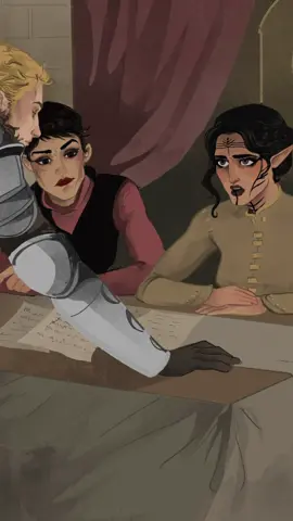 Love at first war council 🙈 Cassandra greatly approves.  Inky Ophelia and Cullen are overthinking. #dragonageinquisition #ao3fanfic #inquisitorlavellan #cullenrutherford #fanart 
