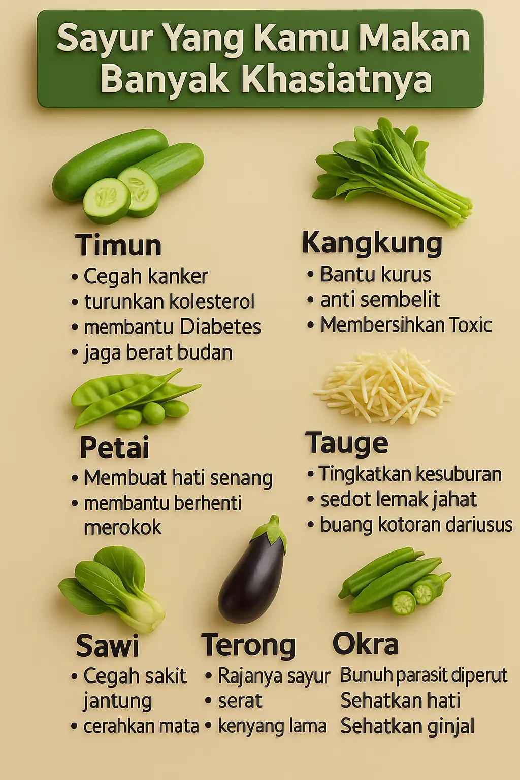 Makan sayur itu bukan cuma biar sehat, tapi juga punya banyak “keajaiban” untuk tubuh 🥒🥬🍆 Dari timun yang bantu turunkan kolesterol, kangkung yang bersihkan racun, sampai tauge yang bisa tingkatkan kesuburan 🌱 Mulai hari ini, yuk lebih sering isi piringmu dengan sayuran segar biar tubuh kuat dan bugar setiap hari! 💚 #ManfaatSayur #HidupSehat #MakanSehat #KesehatanAlami #SayurSegar 