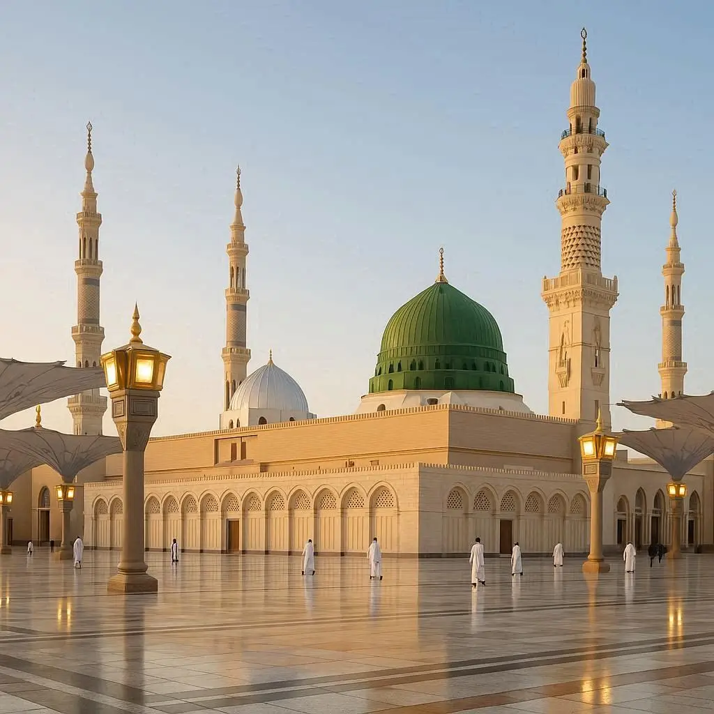 Madinah, the City of the Prophet, shines bright A beacon of faith, where Islam's history takes flight The Masjid an-Nabawi, a mosque of grandeur and might Where the Prophet Muhammad's tomb is a sacred sight The city's streets are lined with date palms, green and tall A tranquil oasis, where faith and peace enthrall Madinah's rich history and heritage are palpable and real A place where Muslims from all over the world come to feel The city's warm hospitality and welcoming smile Make it a place of pilgrimage, worth traveling a long while.