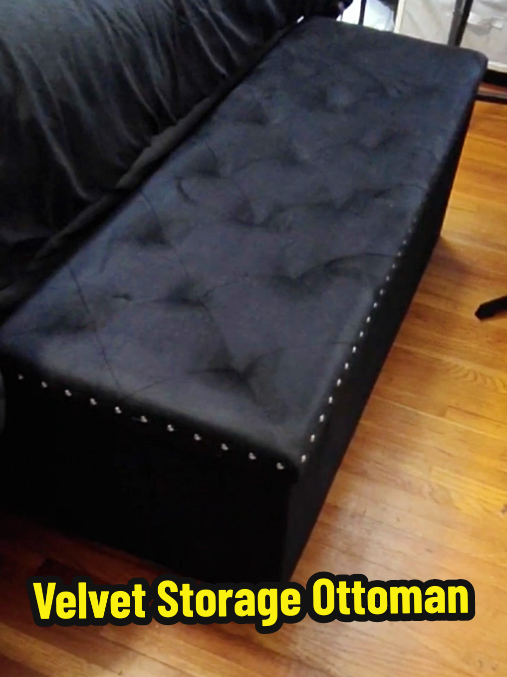 Sturdy luxury storage ottoman, velvety smooth with beaded detailing. Velvet otman bench with large storage space foldable design cushion stool and foot rest bedroom furniture organizer. PINPLUS Velvet Storage Ottoman. #bedroomdesign #storageottoman #furnituregoals #bedroomstorage #bedroomdecor 