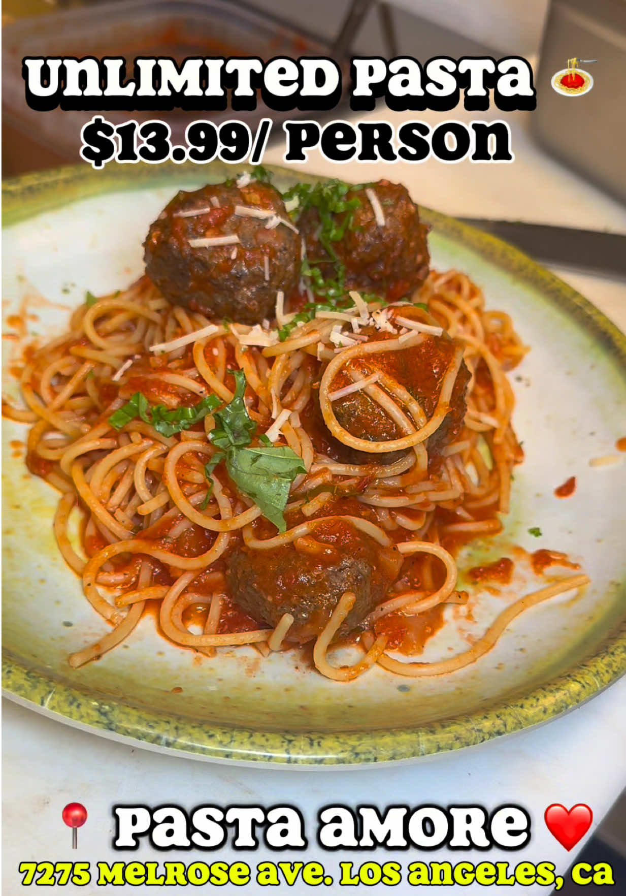 Pasta Amore ❤️ - located on 7275 Melrose Ave. Unit B. Los Angeles, CA. 90046  Enjoy AYCE pasta $13.99 & $8.99 for kids 9 & under! 🍝❤️  We also have free parking for our customers! ✨ #newrestaurant #pasta #pastarestaurant #fyp #westhollywood 