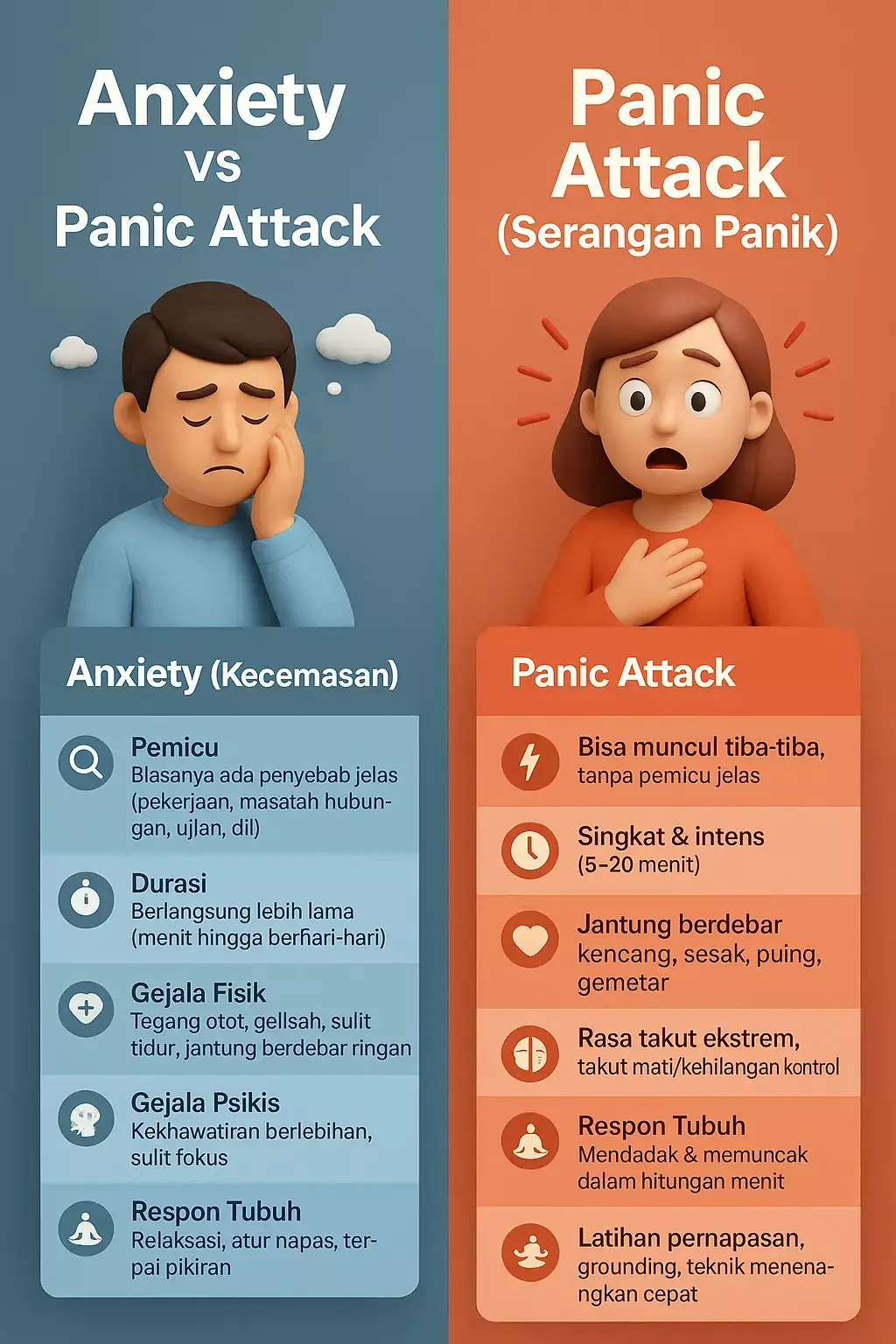 Ternyata Anxiety dan Panic Attack itu beda banget loh! Bedanya ada di pemicu, durasi, dan intensitas gejala. 💭 Kamu tim yang sering overthinking lama-lama atau tim yang paniknya langsung mendadak? Tulis di kolom komentar biar kita saling support! 💙 Jangan lupa share biar lebih banyak orang paham perbedaannya 🙌