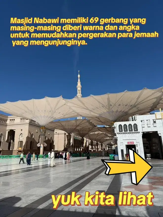 Masjid Nabawi memiliki sistem kode warna pada gerbangnya untuk memudahkan jemaah. Setiap warna memiliki makna dan fungsi tertentu, serta membantu jemaah dalam bernavigasi di area masjid yang luas.  Berikut adalah penjelasan warna gerbang di Masjid Nabawi: 1. Ungu (Gate 309): Terletak di sisi timur laut, dekat Masjid Ghamamah dan Masjid Abu Bakar.  2. Oranye (Gate 310-326): Berada di sisi timur, dekat Pasar Bilal dan Taman Saqifah Bani Saidah.  3. Merah (Gate 328-338): Berada di sisi selatan, dekat pusat perbelanjaan dan hotel, sering digunakan untuk keperluan darurat.  4. Biru (Gate 340-364): Berada di sisi barat, dekat pemakaman Baqi', dan area menuju Raudhah.  5. Hijau (Gate 301-308, 365-369): Berada di sisi utara, dekat makam Nabi Muhammad SAW, sering digunakan untuk berziarah ke makam.  semoga bermanfaat..  #gate #Nabawi #Madinah#virall #fyppppppppppppppppppppppp @omma 516 @EkSari @iNNOVA 🌷🌼🌺 @Elizarti @Erlina Wirdanis @Erlina @Budi Yanto @🗣💨🔜🔥 @Atika&Irdi 🦄 