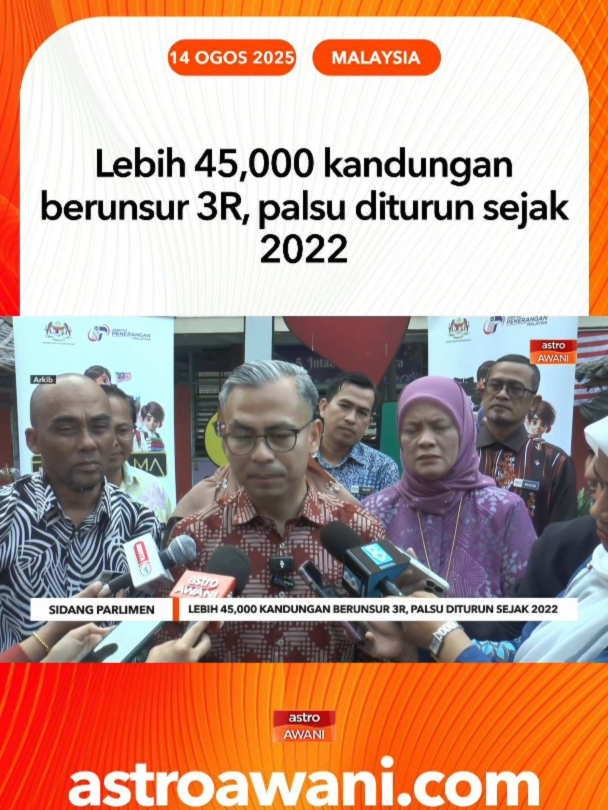 Sebanyak 7,846 kandungan berunsur 3R dan 37,845 kandungan palsu  diturunkan Suruhanjaya Komunikasi dan Multimedia Malaysia (MCMC) sejak 1 Januari 2022 hingga 1 Julai lalu kerana melanggar Seksyen 233 Akta Komunikasi dan Multimedia 1998 (Akta 588). #AWANInews