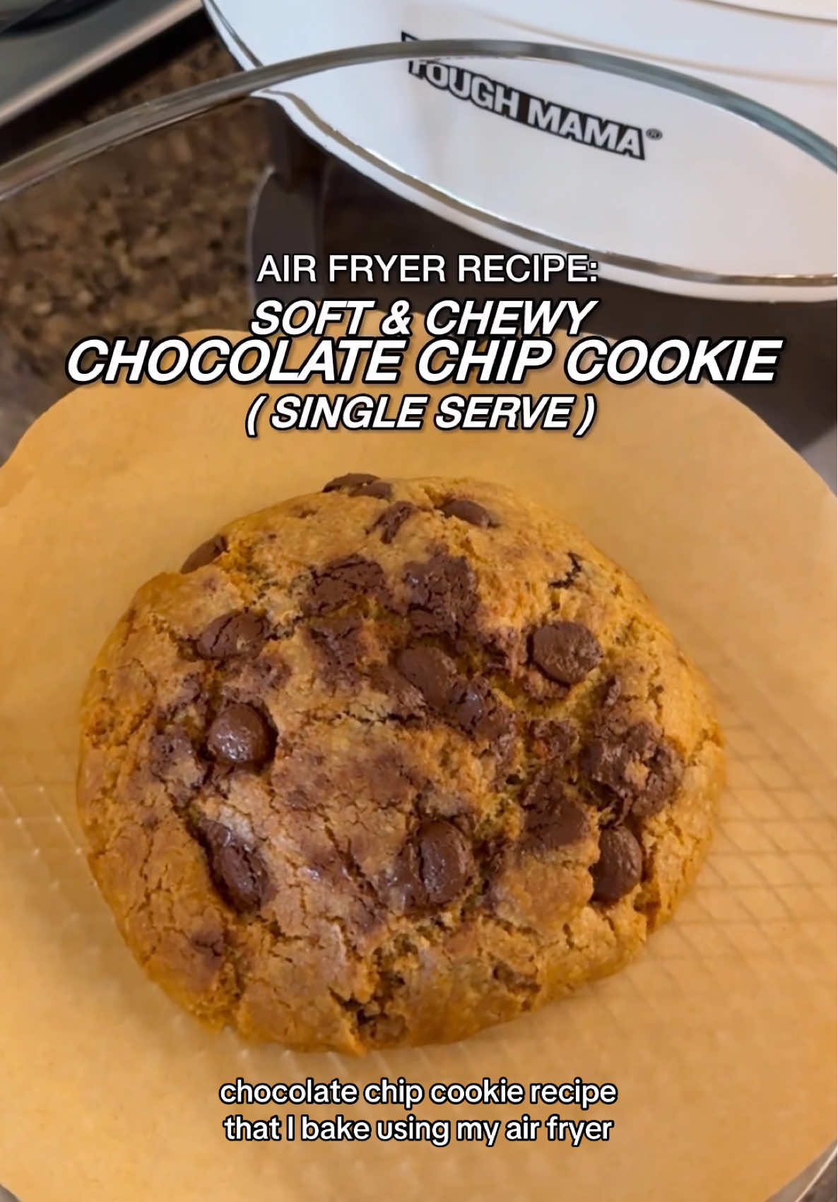 Air fryer recipe: Soft & Chewy Chocolate Chip Cookie (single-serve) Ingredients: 3 tbsp butter, softened 2 tbsp white sugar 2 tbsp brown sugar 1/4 tsp vanilla extract 1 tsp milk 6 tbsp all purpose flour 1/8 tsp baking soda 1/8 tsp salt 1/8 tsp instant coffee powder 3 tbsp dark chocolate chips   Air fryer at 145C for 12-15 minutes     #HungryMommy #MomsofTikTok #EasyRecipe #airfryerrecipes #cookingathome 