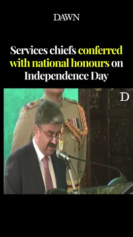 Field Marshal Syed Asim Munir, Chairman Joint Chiefs of Staff Committee General Sahir Shamshad Mirza, Chief of the Naval Staff Admiral Naveed Ashraf and Chief of the Air Staff Air Chief Marshal Zaheer Ahmad Babar Sidhu were honoured with Nishan-i-Imtiaz (Military) for their leadership during Marka-i-Haq at an award ceremony held on Independence Day in Islamabad.  #DawnToday