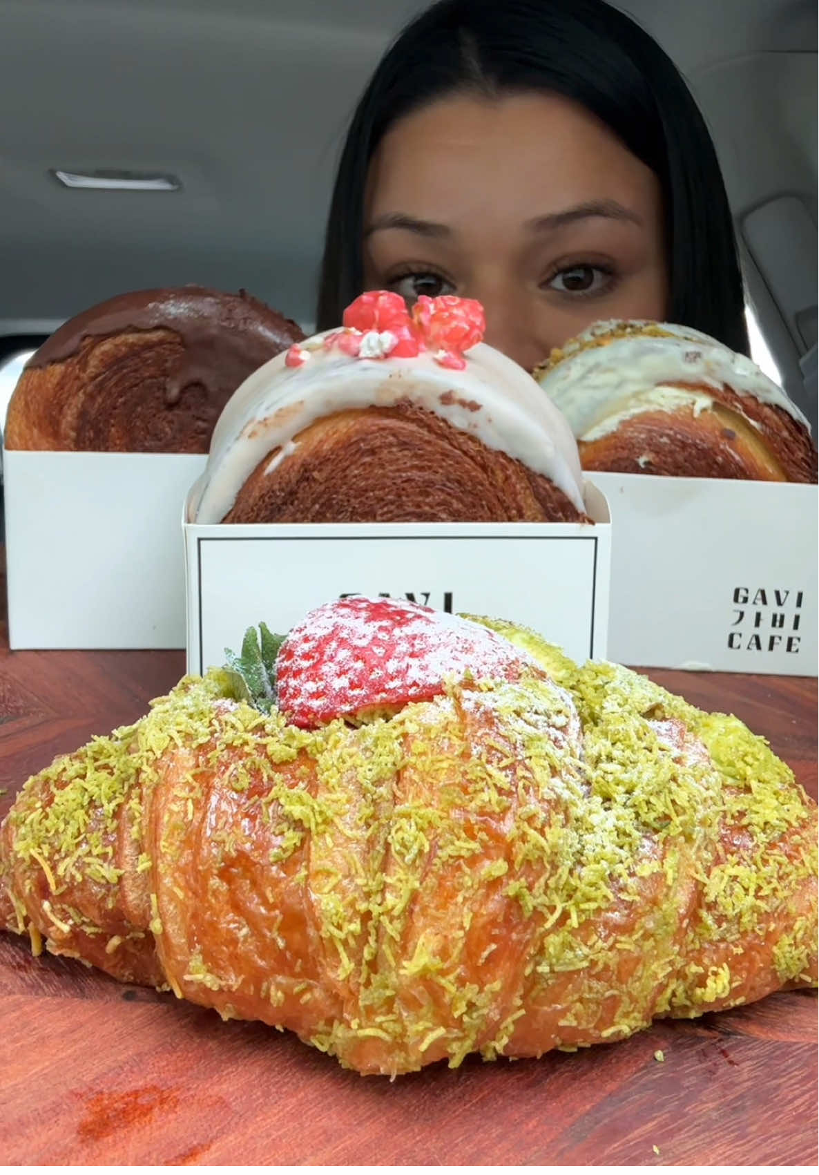 croissant rolls, matcha strawberry croissant and drinks from gavi cafe in chantilly, va! yummy!! 🤎🥐🍵✨ #croissant #bakery #matcha #mukbangeatingshow #pastry  chocolate croissant roll, vanilla croissant roll and strawberry croissant roll! i also got a matcha bomb, a biscoff latte and a hibiscus mango drink 🥭🌺