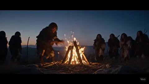 Witness early humans light the first towering signal fire on a rugged ridge at twilight. Watch spiraling flames and rising smoke spark a synchronized network of fires across distant mountain peaks—a primal connection born of flame. #FirstFireSignal #EpicHistory #PrimalCommunication #FireNetwork #Hyperrealistic      