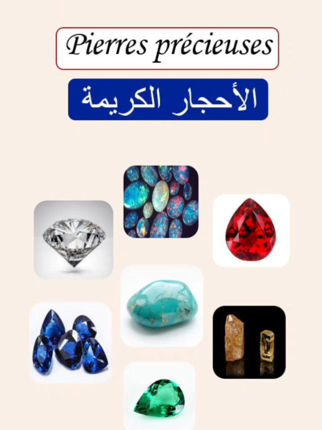 Les pierres précieuses💎 sont des minéraux rares et magnifiques, comme le diamant💍, le rubis🔴, le saphir 🔵et l’émeraude🟢. Elles sont recherchées pour leur éclat, leur rareté et leur symbolique dans de nombreuses cultures✨. On les utilise en bijouterie💍👑💎, et comme objets de collection. 💎 الأحجار الكريمة هي معادن نادرة وجميلة، مثل 💍 الماس و❤️ الياقوت و🔵 الزفير و💚 الزمرد. ✨ تُطلَب لجمال بريقها، وندرتها، ورمزيتها في العديد من الثقافات. 👑 تُستخدم في صناعة المجوهرات، وكقطع 🎁 للاقتناء،