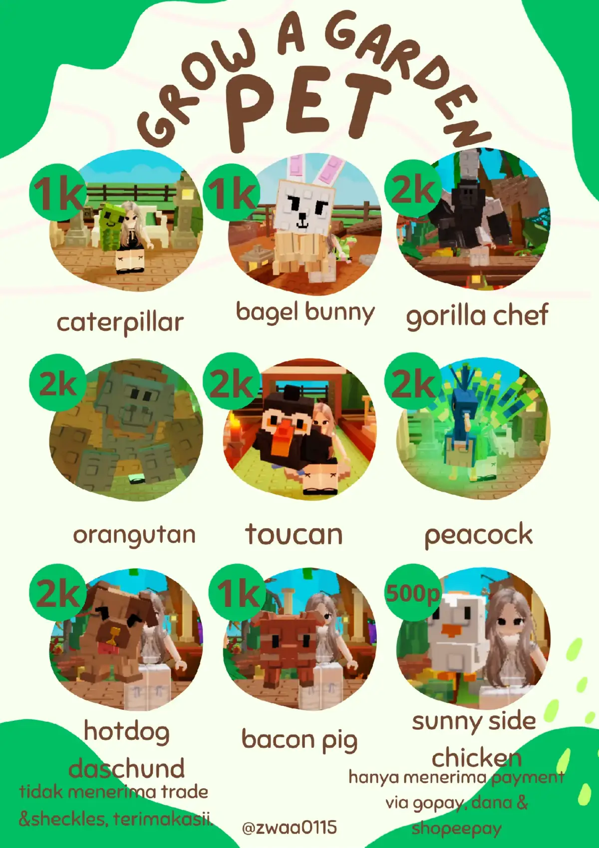 haii akuu mau juall pet murah meriahh, stock nyaa terbatas jdii siapa cepat dia dapat yaa yang minta langsung dm akuu aja yaa terimakasiii 💚💚 #growagarden #fyp #growagardenindonesia🇮🇩 