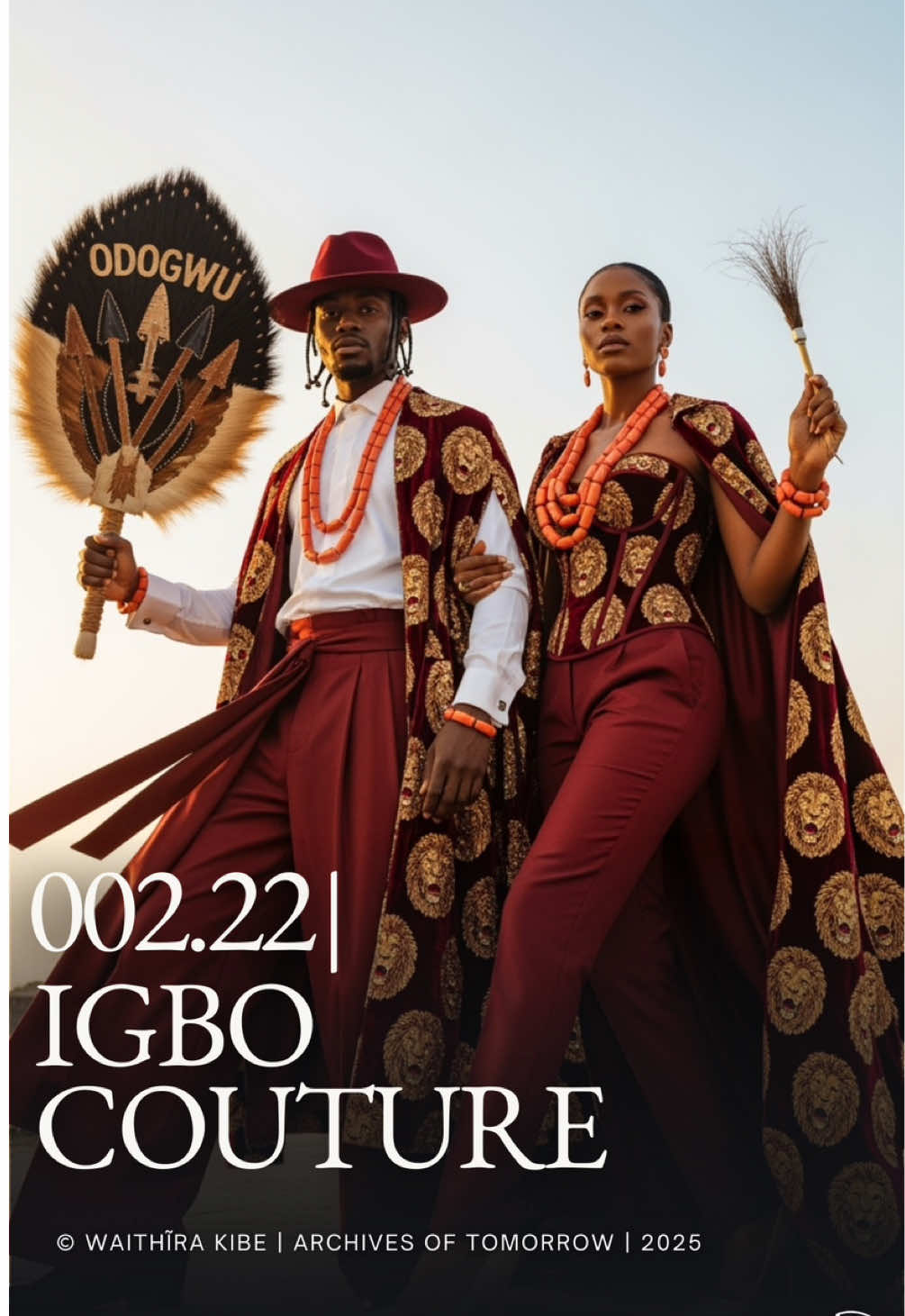 002.22 | Igbo Couture This is Isi Agu redefined: from heritage to haute couture, from tradition to tomorrow. Medium: Velvet, gold print (Isi Agu motif), coral beads, satin tailoring Style: Nigerian royal attire meets haute couture power dressing Inspo: Igbo heritage, African luxury fashion, modern wedding couture Designed for the African heir, the visionary bride and groom, and the cultural tastemaker...who knows how to pivot fashion💃🏿 I'd love to know if you'd wear this matching set to an upcoming event .... my Igbo friends did I nail this or naah? Let me know👇🏽👇🏽 © Waithĩra Kibe | All rights reserved. No reproduction without permission. #isiagu #igbofashion #nigerianwedding #africanroyalty #waithirakibe               