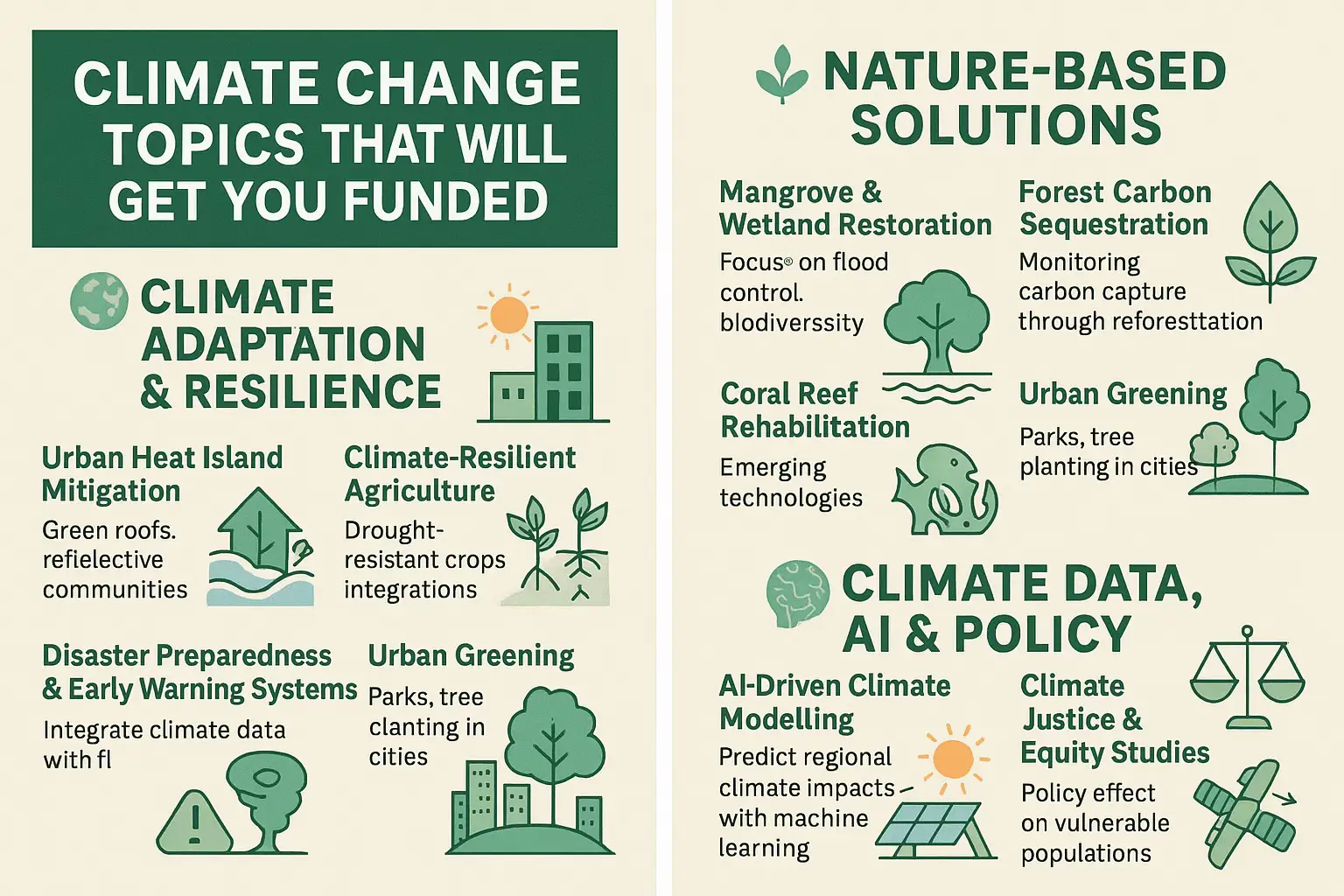 🌏 Climate Adaptation & Resilience Urban Heat Island Mitigation: Using green roofs, reflective materials, and smart city design. Community-Based Adaptation: Empowering rural and coastal communities to respond to climate risks. Climate-Resilient Agriculture: Drought-resistant crops, hydroponics, and AI-driven farming. Disaster Preparedness & Early Warning Systems: Integrating climate data with local response plans. 🌿 Nature-Based Solutions Mangrove & Wetland Restoration: For flood control and biodiversity protection. Forest Carbon Sequestration: Monitoring and improving carbon capture through reforestation. Coral Reef Rehabilitation: Using artificial reef structures and marine protected areas. Urban Greening: Parks, tree planting, and biodiversity corridors in cities. ⚡ Renewable Energy & Decarbonisation Affordable Renewable Energy for Rural Areas: Solar microgrids, wind energy cooperatives. Energy Efficiency in Low-Income Housing: Low-cost insulation, solar water heaters. Carbon Capture & Storage (CCS): Emerging technologies for industrial emissions. Sustainable Transport Systems: Electric buses, cycling infrastructure, hydrogen fuel cells. 📊 Climate Data, AI & Policy AI-Driven Climate Modelling: Predicting regional climate impacts with machine learning. Climate Justice & Equity Studies: How policies affect vulnerable populations. Big Data for Climate Monitoring: Satellites, IoT, and open-source climate dashboards. Behavioural Economics of Climate Action: Incentives for low-carbon lifestyles. 💡 Funding Tip Most climate change research that gets funded links science with real-world application — especially projects that can be scaled, replicated, and benefit local communities while aligning with national or UN Sustainable Development Goals (SDGs). #foryoupage  #research  #grant 