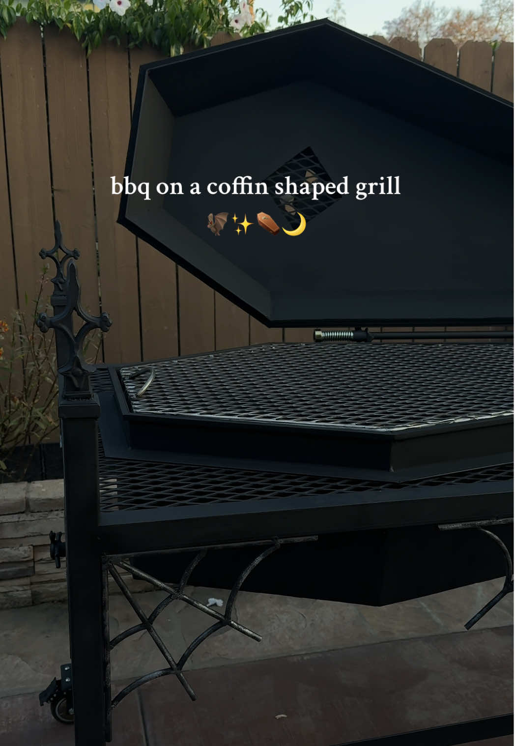 The most insane grill I’ve ever seen, and my dad made it entirely by hand 🥹  Matches my entire home & aesthetic 🕷️⚰️ #coffingrill #spookyseason #summerween 