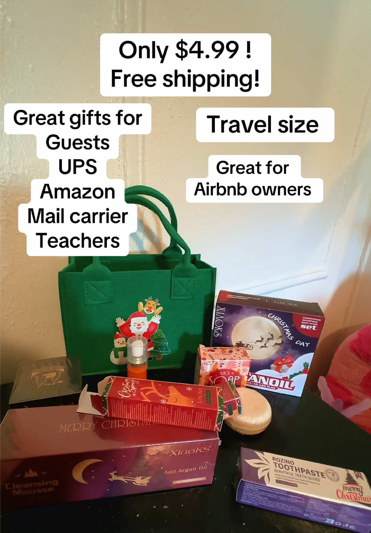 Unbelievable deal $4.99 free shipping. These are all travel size perfect for vacation. These are great for your guest. They get to keep the little tote if you own an Airbnb this is great to leave in the room for your guests. They make wonderful gifts for the teachers, your UPS driver mail carriergreat gift to have on hand and great party favors if you’re having a Christmas party, everybody gets this gift bag to go home with. I highly recommend you buy quite a few now they will sell out!
