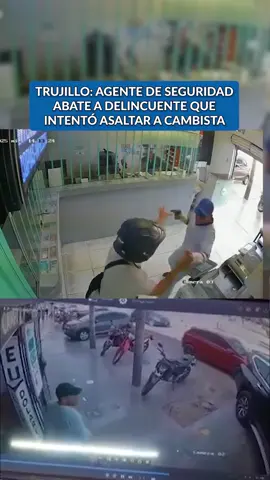 Un agente de seguridad abatió a un delincuente que intentó asaltar a un cambista frente al Real Plaza de Trujillo. El hecho ocurrió cuando el cambista fue interceptado por un hombre armado y buscó refugio en una casa de cambio. Cámaras de seguridad captaron el momento en que, en medio de disparos y gritos, el agente reaccionó y abrió fuego contra el atacante, quien cayó a pocos metros mientras su cómplice escapaba en moto. 🔗Más información en perú21.pe #Trujillo #LaLibertad #Seguridad #Noticias #Policiales #Actualidad #peru