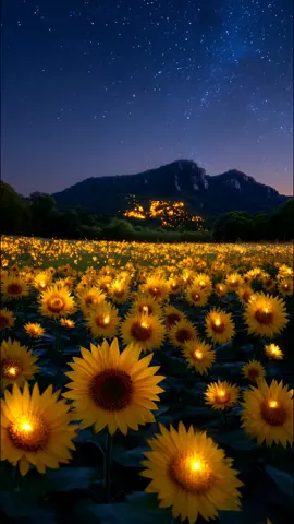 Noche dorada entre girasoles #dormirzen  #magicnight  #floresmagicas  #nightscape  #relaxnature 