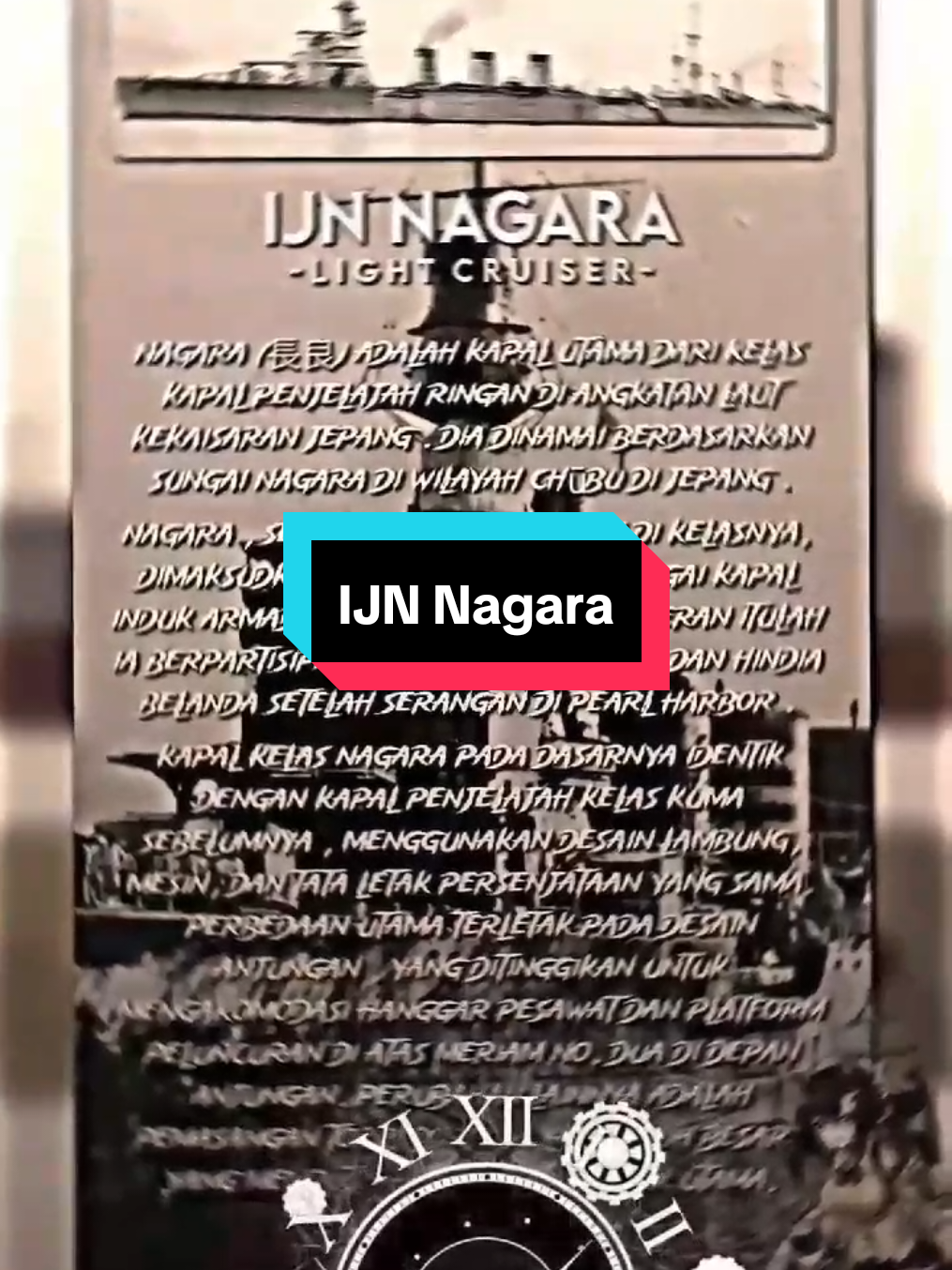 Nagara (長良) adalah kapal utama dari kelas kapal penjelajah ringan di Angkatan Laut Kekaisaran Jepang. Dia dinamai berdasarkan Sungai Nagara di wilayah Chūbu di Jepang. Identifikasi Nama : Nagara Dipesan : Tahun Fiskal 1919 Pembangun : Persenjataan Angkatan Laut Sasebo Diletakkan : 9 September 1920 Diluncurkan : 25 April 1921 Ditugaskan : 21 April 1922 Terkenal : 10 Oktober 1944 Takdir : Ditorpedo dan ditenggelamkan oleh USS  Croaker, 7 Agustus 1944 Karakteristik umum Kelas & jenis :  Kapal penjelajah ringan kelas Nagara Pemindahan : 5.570 ton panjang (5.659  t ) Panjang : 162,1 m (531 kaki 10 inci) Balok : 14,2 m (46 kaki 7 inci) Draf : 4,8 m (15 kaki 9 inci) Daya terpasang : 12 boiler Kampon 90.000  tenaga kuda (67.000  kW ) Tenaga penggerak : 4 poros; turbin uap bergigi Kecepatan : 36 knot (67 km/jam; 41 mph) Jangkauan 9.000  nmi (17.000 km; 10.000 mil) pada kecepatan 10 knot (19 km/jam; 12 mph) Melengkapi : 450 awak kapal Persenjataan : Seperti yang dibangun 7 × senjata tunggal 14 cm (5,5 inci) 2 × senjata AA tunggal 7,62 cm (3 inci) 2 x kembar, 4 × senjata AA tunggal 25 mm (1 in) 5 × senapan mesin kembar 13,2 mm (0,52 inci) 2 × tabung torpedo kembar 61 cm (24 inci) Juli 1944 5 × senjata tunggal 14 cm 1 × senapan DP kembar 12,7 cm (5 inci) 2 × senjata AA tunggal 7,62 cm 2 × tiga, 6 × dua, 14 × satu senjata AA 25 mm 10 × senapan mesin 13,2 mm 2 × tabung torpedo 61 cm empat kali lipat Baja : 62 mm (2,4 inci) (sabuk) 30 mm (1,2 inci) (dek) Pesawat yang dibawa : 1 × pesawat apung Fasilitas penerbangan : 1 ketapel pesawat Nagara , seperti kapal-kapal lain di kelasnya, dimaksudkan untuk digunakan sebagai kapal induk armada perusak , dan dalam peran itulah ia berpartisipasi dalam invasi Filipina dan Hindia Belanda setelah serangan di Pearl Harbor. Kapal kelas Nagara pada dasarnya identik dengan kapal penjelajah kelas Kuma sebelumnya , menggunakan desain lambung, mesin, dan tata letak persenjataan yang sama. Perbedaan utama terletak pada desain anjungan , yang ditinggikan untuk mengakomodasi hanggar pesawat dan platform peluncuran di atas meriam No. 2 di depan anjungan. Perubahan lainnya adalah pemasangan torpedo Tipe 93 baru yang lebih besar, yang membutuhkan perluasan dek utama. #ww2history #historyww2 #ijnnagara 