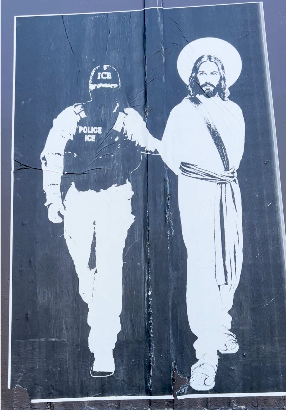 I have seen this art in a couple of places around Seattle. I went to Catholic School and read the Bible several times, and also took scriptural literature in college. I am agnostic now. I cannot say there is or is not a God, but I at least do believe in a positive force in the universe that connects us. Now that I got that out of the way, I know Jesus, the person, who is a real historical figure that may or may not be divine, would not be a fan of what is happening with ICE detentions around the country right now. Jesus had a particular concern for the vulnerable, the poor, the marginalized, the powerless. Migrants and asylum seekers fit into that category. In Luke 10:25–37, the Parable of the Good Samaritan, he shows that true neighborly love crosses ethnic and national boundaries. In multiple encounters, like with the woman caught in adultery (John 8), Jesus prioritized mercy over strict enforcement of the law. He often criticized leaders for enforcing rules without regard for human dignity, like in Matthew 23:23. It’s been sad to witness devout Christians and folks in the USA support such unkind behavior. #wwjd #fyp 