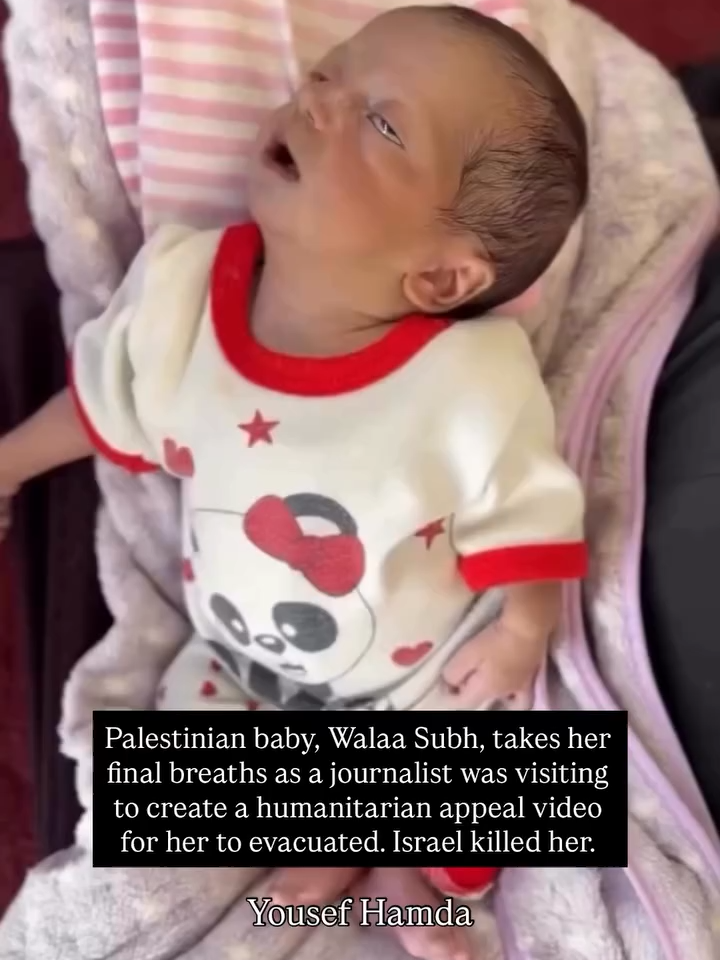 Palestinian baby, Walaa Subh, takes her final breaths as a journalist was visiting to create a humanitarian appeal video for her to evacuated. The occupation continued to delay her medical transfer for her severe heart condition and now she’s been killed.