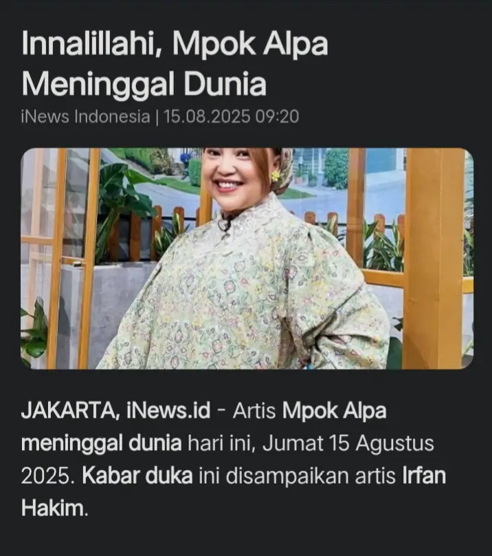 Insya Allah Husnul khotimah Mpok  Alfatiha 🤲🤲 #kabarduka #komedian #mpokalpa #update 