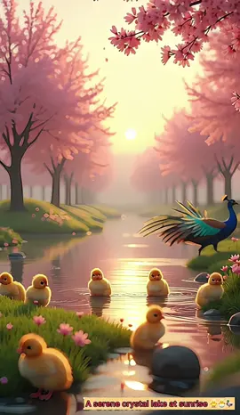 Sunrise Paradise 🌅🐥🌸🦚 Too Cute to Handle! TheCutest #NatureMagic #CherryBlossomVibes #CuteOverload #PeacockParadise #SunriseAesthetic