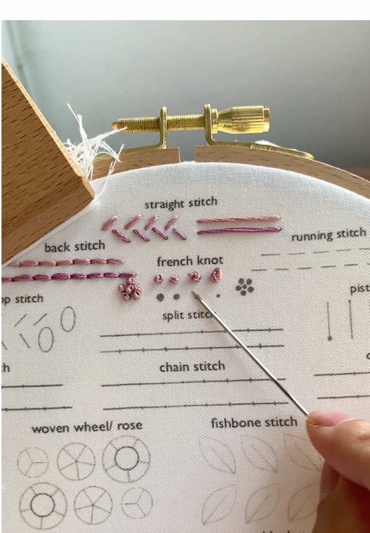 How to do a french knot ✨ — Learn basic embroidery stitches 3/20. Pattern available on my Etsy (https://luneandher.etsy.com) 🎀 #handembroidery #embroiderytutorial