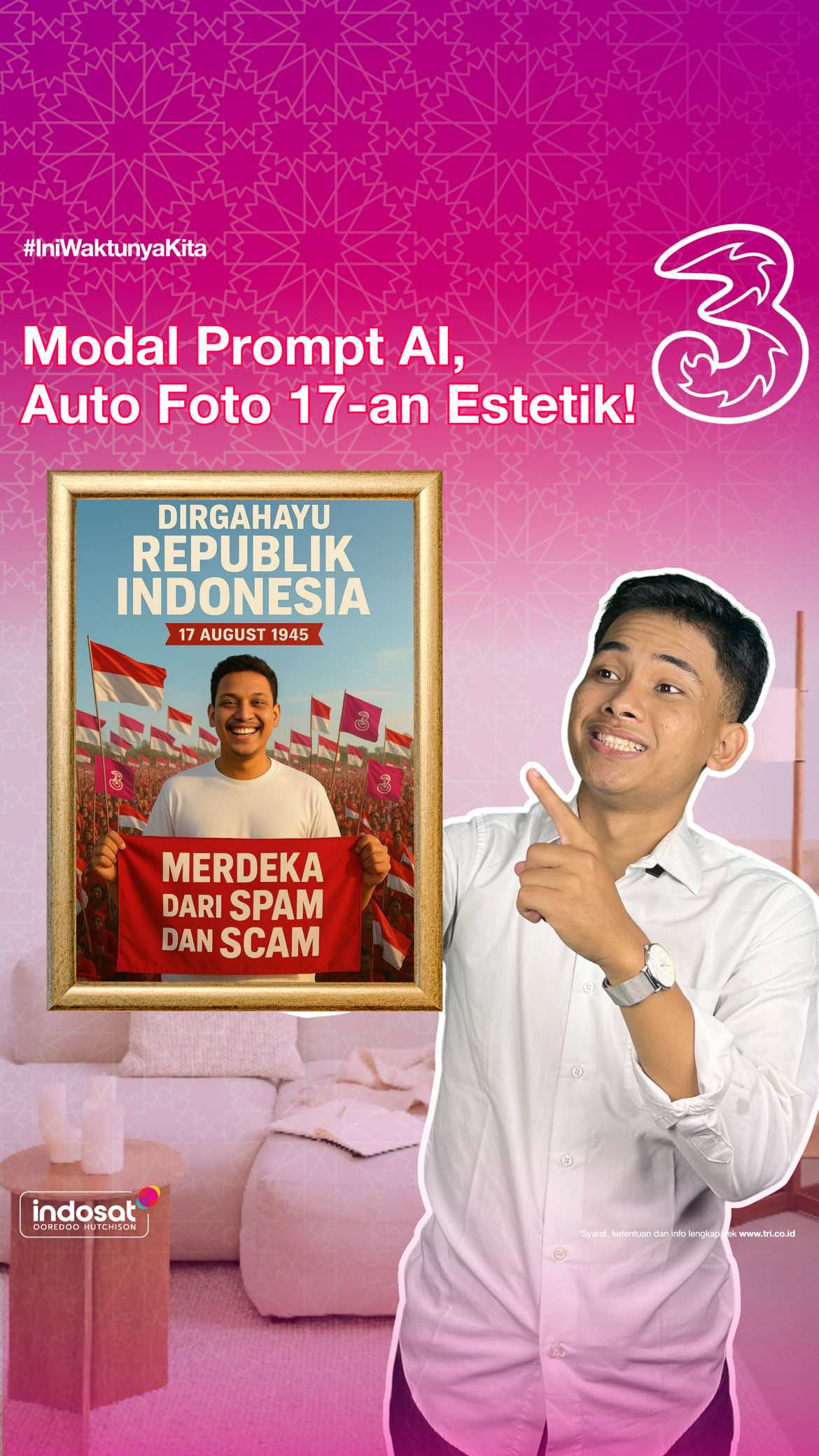 Foto 17-an auto level up! Gini nih cara yang ga ribet buat bikin foto 17 Agustusan sekece Pinterest tanpa ribet ngedit! Cukup cari referensi, copas prompt ke AI, upload foto kamu, langsung jadi deh! Biar makin lancar cari referensi dan upload, pake Kartu Perdana Tri 3GB cuma 35 ribu, internetan sat set sat set! #TriLebihHematSinyalCepat