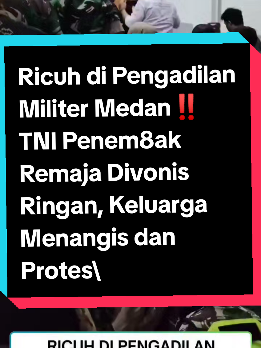 Ricuh di Pengadilan Militer Medan‼️TNI Penem8ak Remaja Divonis Ringan, Keluarga Menangis dan Protes\n\nSidang vonis dua anggota TNI penem8ak remaja di Pengadilan Militer I-02 Medan, Kamis (7\/8\/2025) ricuh. Teriakan protes, tangisan keluarga, hingga simbol perlawanan One Piece mewarnai jalannya sidang yang menyedot perhatian publik.\n\nDua terdakwa, Serka Darmen Hutabarat dan Serda Hendra Francisco Manalu, dijatuhi hukuman 2 tahun 6 bulan penjara, denda Rp200 juta subsidair 1 bulan kurungan, serta pidana tambahan berupa pemecatan dari dinas militer.\n\nPutusan itu sontak memicu kemarahan keluarga korban dan mahasiswa yang hadir. Fitriyani, ibu dari almarhum MAF (13), hanya bisa menangis saat hakim Letkol Djunaedi Iskandar membacakan vonis.\n\nSementara M. Ilham, abang korban, langsung berdiri dan berteriak lantang.\n\n