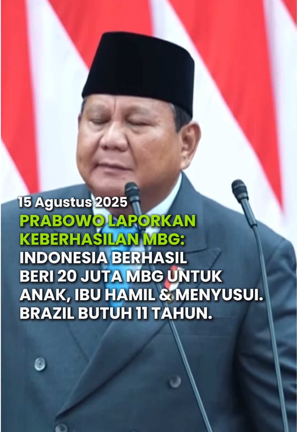 Dalam 299 hari Presiden RI Parabowo Subuanto laporkan bahwa telah berhasil berikan 20 juta Makan Bergizi Gratis untuk anak dan Ibu hamil dan menyusui. serta memberikan apresiasi kepada Badan Gizi Nasional.