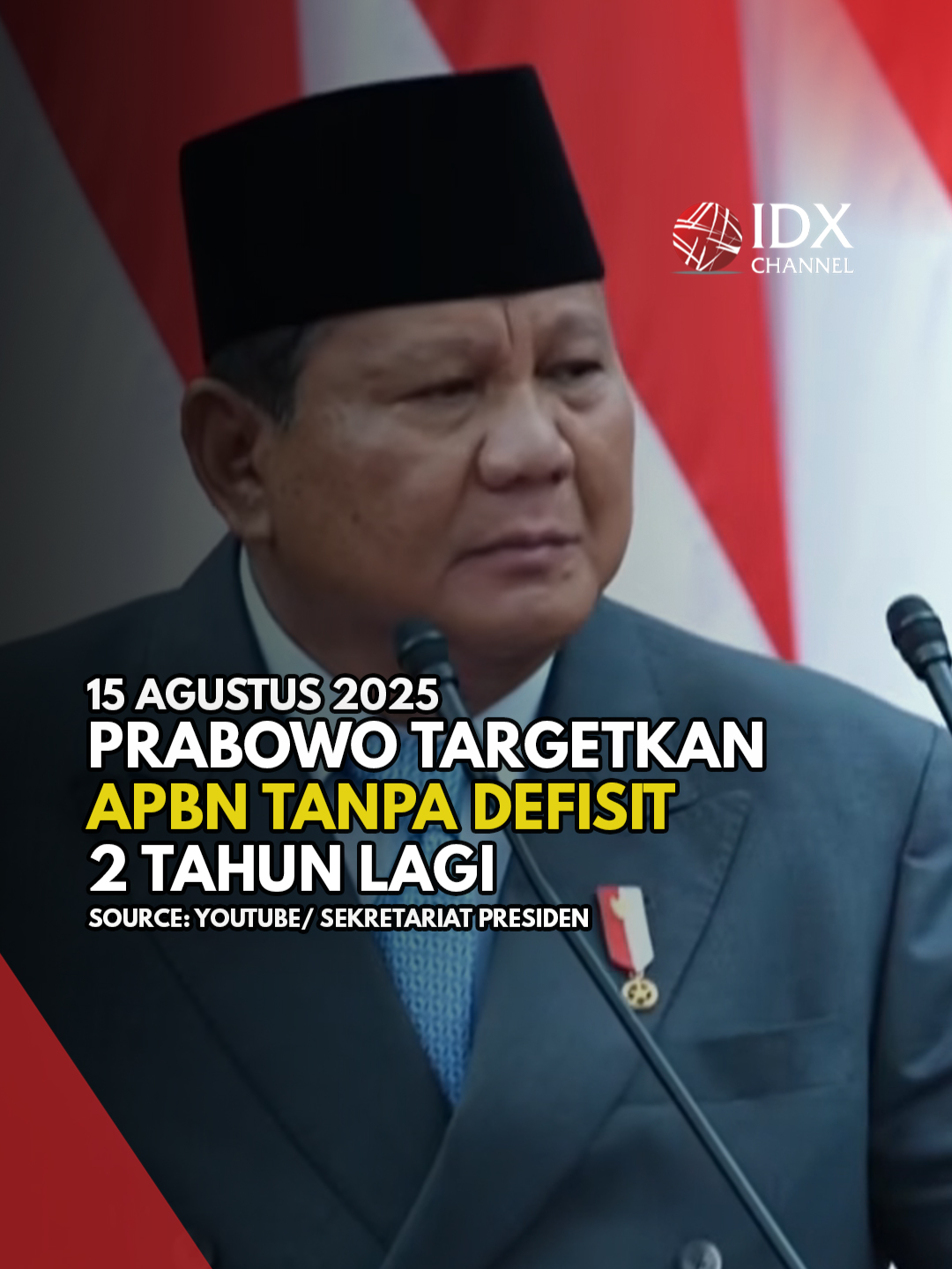 Presiden Prabowo Subianto menyampaikan tekadnya untuk mencapai Anggaran Pendapatan dan Belanja Negara (APBN) tanpa defisit di masa mendatang. Hal ini disampaikannya saat memaparkan arsitektur APBN 2026 di Sidang Paripurna DPR RI. Dalam rancangan APBN 2026, pemerintah mengalokasikan belanja negara sebesar Rp3.786,5 triliun dan pendapatan negara sebesar Rp3.147,7 triliun.  Hal ini menghasilkan defisit APBN sebesar Rp638,8 triliun atau 2,48 persen dari Produk Domestik Bruto (PDB).#idxchannel #idxchannelcommunity