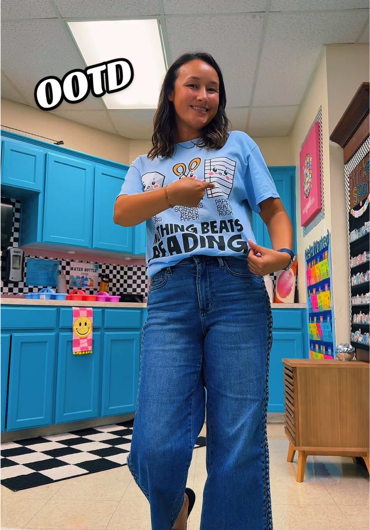 OOTD with the cutest shirt!! Click the orange shopping cart to snag one for yourself teacher besties!! It’s a great price and great quality!! #OOTD #teacherootd #teachershirts #teachersoftiktok 