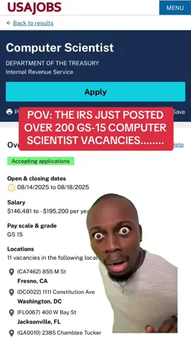 By far the MOST GS15s I've seen go up at once. There are also announcements for the GS13 and GS14 grade levels. If you qualify, apply to them ALL! 🙌🏾  Best of luck! 🤞🏾🍀  #FederalEmployees #ComputerScienceMajor