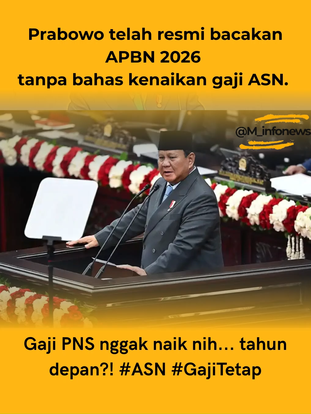Prabowo resmi bacakan APBN 2026 tanpa bahas kenaikan gaji ASN. Gaji PNS nggak naik nih... tahun depan?! #ASN #GajiTetap Menteri Sekretaris Negara (Mensesneg) Prasetyo Hadi mengatakan jika kenaikan gaji PNS tidak disampaikan dalam RUU APBN 2026 dan Nota Keuangan, itu berarti tidak ada kenaikan gaji para abdi negara di tahun depan. #Prabowo #APBN #2026 #PNS