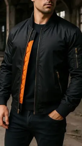 Built for real life—matte black bomber with warm quilted orange lining, wind-resistant shell, and brass full-zip. Two zip hand pockets, a sleeve utility pocket, and an inner stash keep it clean, functional, and city-ready. Tap to choose your size. Hashtags #bomberjacket #mensfashion #streetwear #outerwear #quiltedlining #windbreaker #waterresistant #fullzip #utilitypocket #urbanstyle #fallwinter #everydaycarry #citystyle #gearup #tiktokshop 