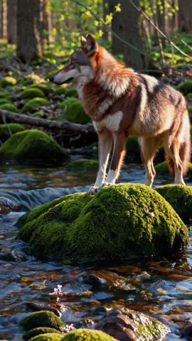 Spring light, wild heart. 🌿🐺  #SpringWolf #ForestStream #WildBeauty #NatureCinematic #AmberEyes