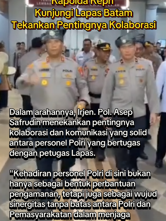 MEDIAKEPRI.CO.ID, Batam - Lapas Kelas IIA Batam terima kunjungan Kepala Kepolisian Daerah Kepulauan Riau (Kapolda Kepri), Irjen. Pol. Asep Safrudin dalam kunjungan kerja ke pada Rabu 13 Agustus 2025. Kunjungan ini berfokus untuk meninjau kesiapan pos pengamanan Polri serta memperkuat sinergi antara Unit Pemasyarakatan khususnya Lapas Batam dan Polda Kepri. Didampingi oleh sejumlah pejabat utama Polda Kepri, Kapolda tiba di Lapas Batam dan disambut langsung oleh Kalapas Batam Yugo Indra Wicaksi beserta jajaran. #kapoldakepri #poldakepri #lapasbatam #ditjenpas #wpb @beritabatam.com @mediakepricoid @Meutiara @yugo_wicaksi75 