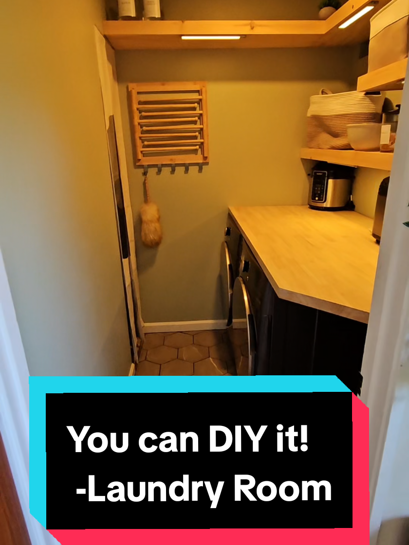 Turning My Laundry Room From 🥴 to 😍 (On a Budget!). Totally spaced and cut out Chris painting. But we also did that part too. 😁 #DIYOnABudget #LaundryGlowUp #BeforeAndAfter #SmallSpaceDIY #HomeTransformation       