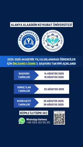 📢 - Alanya Alaaddin Keykubat Üniversitesi 2025-2026 Akademik Yılı Uluslararası Öğrenciler için Önlisans / Lisans 3. Başvuru Takvimi Açıklandı. #alanya #alaaddinkeykubatüniversitesi #dhconsulting #studyinturkey #uluslararasıöğrenciler 