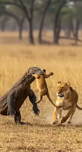 Komodo Dragon Runs Off with Lion Cub… Until Mom Strikes Back #komododragonvslion #lionessevescub #predatorvspredator #komododragonattack #dramaticanimalrescue