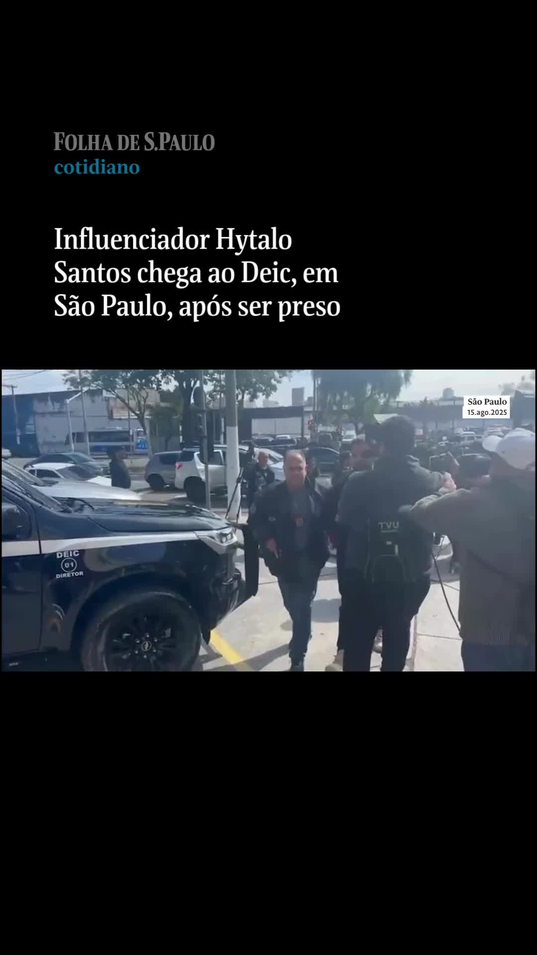 O influenciador Hytalo Santos foi preso na manhã desta sexta-feira (15) em Carapicuíba, na Grande São Paulo. A informação foi confirmada pela promotora Ana Maria França, do Ministério Público da Paraíba. O marido de Hytalo, Israel Nata Vicente, também foi preso, segundo a Promotoria. Eles foram conduzidos à sede do Deic (Departamento Estadual de Investigações Criminais), da Polícia Civil de São Paulo, onde chegaram às 10h55. 📲Leia mais na #Folha: folha.com/cotidiano 📝Isabella Menon, Paulo Eduardo Dias, Josué Seixas 🎦Reprodução #fyp #fy #jornalismo #tiktoknotícias #folhadespaulo #folhadesp #folhadesaopaulo #notícias #hytalosantos #adultização #felca #polícia