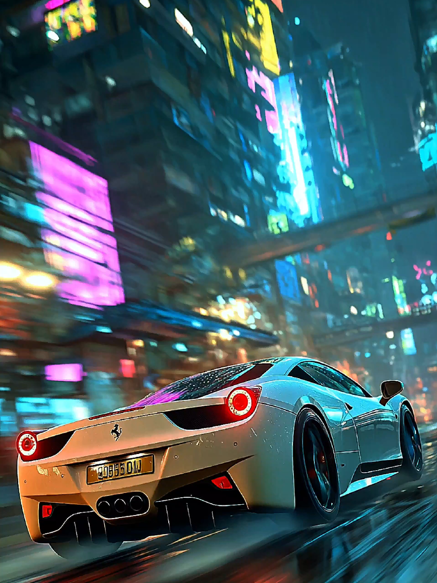 4K Live Wallpaper. A white Ferrari 458 Italia with a sleek black roof tears through a neon-drenched cyberpunk city at night. FPV camera locked behind the supercar, capturing every curve, motion blur, and glowing detail as it rockets through the futuristic streets at insane speed. #Ferrari458Italia #CyberpunkCity #SupercarEdit #livewallpaper4k #fyp 
